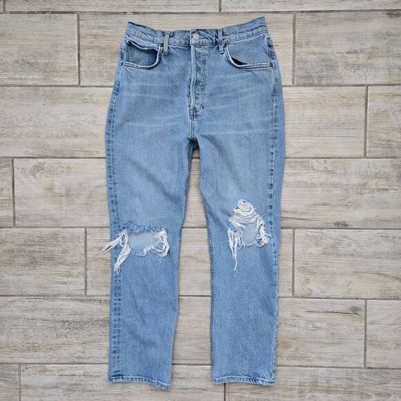 Agolde Riley High Rise Straight Crop Jeans Women's Distressed Open Fray Knee 29 - Picture 1 of 8